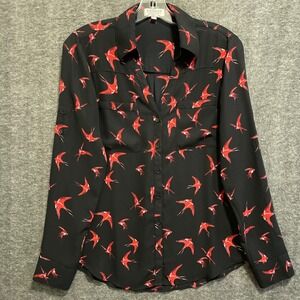 Express‎ The Portofino Shirt Womens S Red Bird Print Slim Roll Tab Office Career